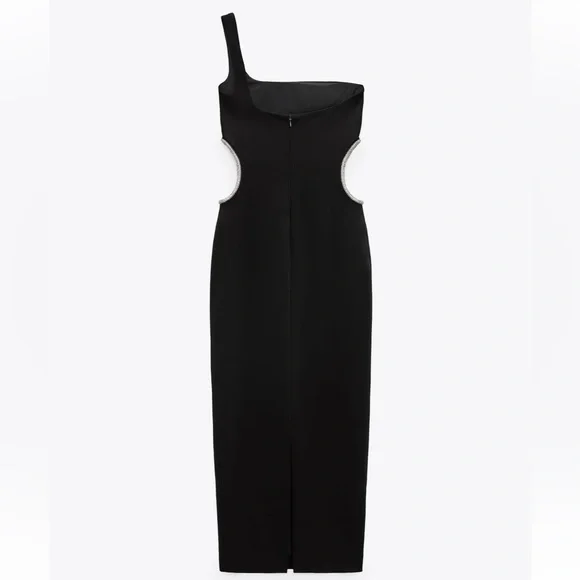 Zara NWT black one shoulder rhinestone side cutout detail midi dress - Picture 8 of 9